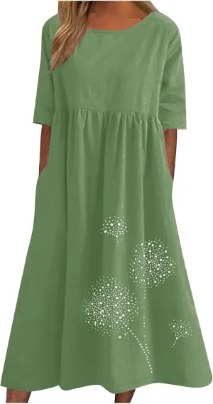 Linen Dresses for Women Short Sleeve Crewneck Dress with Pockets Floral Print Shirt Dress Cotton Linen Casual Dress