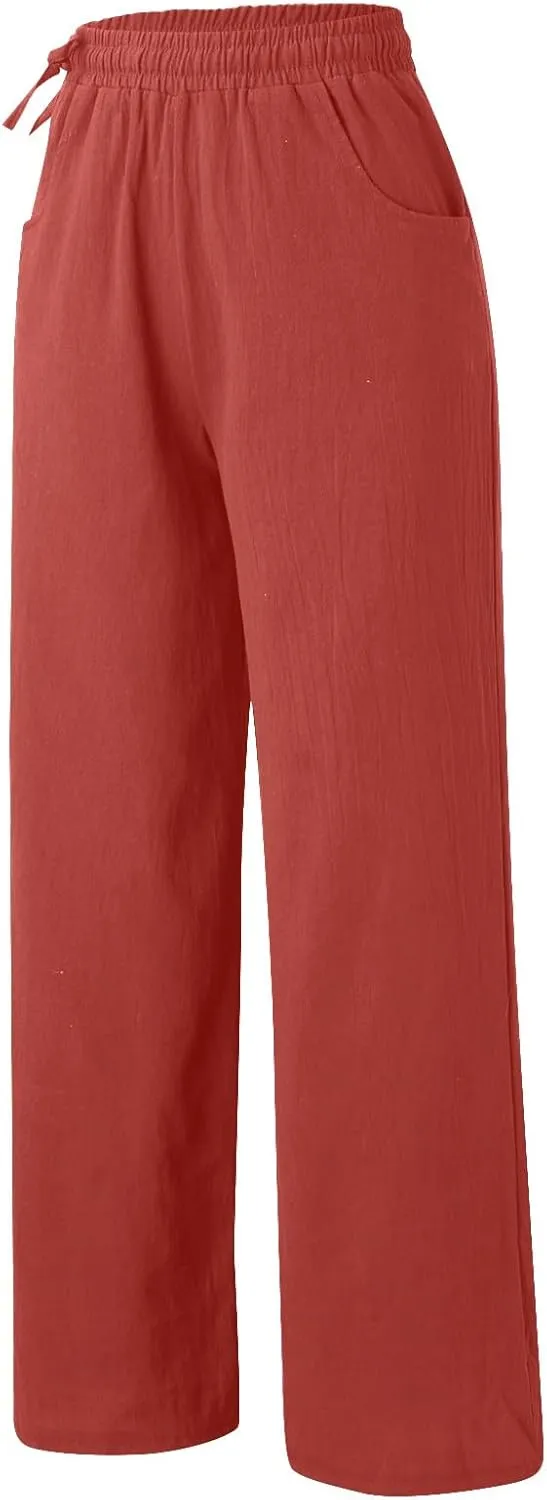 Linen Pants for Women High Waist Palazzo Wide Leg Trousers Lounge Pants Drawstring Boho Beach Pants Solid Slacks