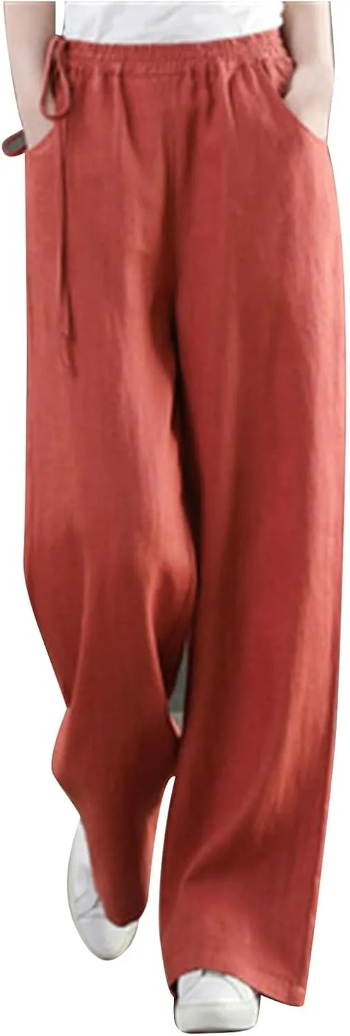 Linen Pants for Women High Waist Palazzo Wide Leg Trousers Lounge Pants Drawstring Boho Beach Pants Solid Slacks