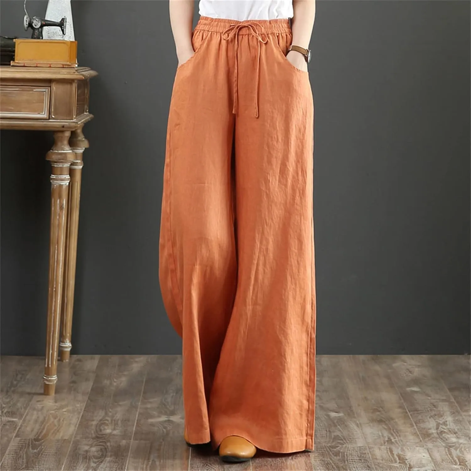Linen Pants for Women High Waist Palazzo Wide Leg Trousers Lounge Pants Drawstring Boho Beach Pants Solid Slacks