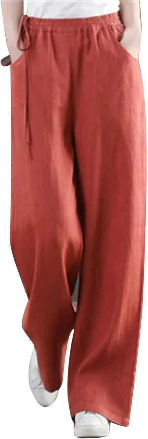 Linen Pants for Women High Waist Palazzo Wide Leg Trousers Lounge Pants Drawstring Boho Beach Pants Solid Slacks