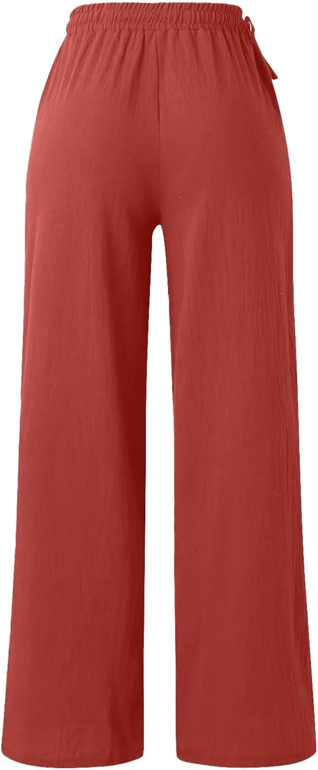 Linen Pants for Women High Waist Palazzo Wide Leg Trousers Lounge Pants Drawstring Boho Beach Pants Solid Slacks