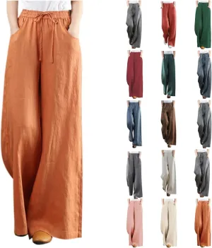 Linen Pants for Women High Waist Palazzo Wide Leg Trousers Lounge Pants Drawstring Boho Beach Pants Solid Slacks