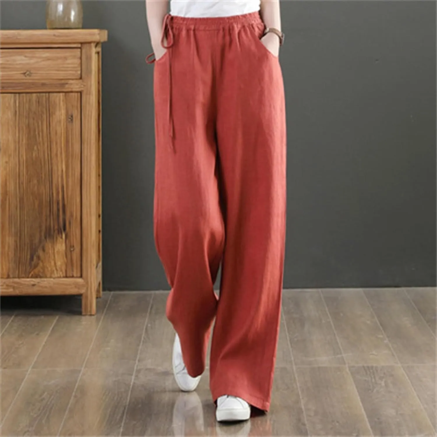 Linen Pants for Women High Waist Palazzo Wide Leg Trousers Lounge Pants Drawstring Boho Beach Pants Solid Slacks