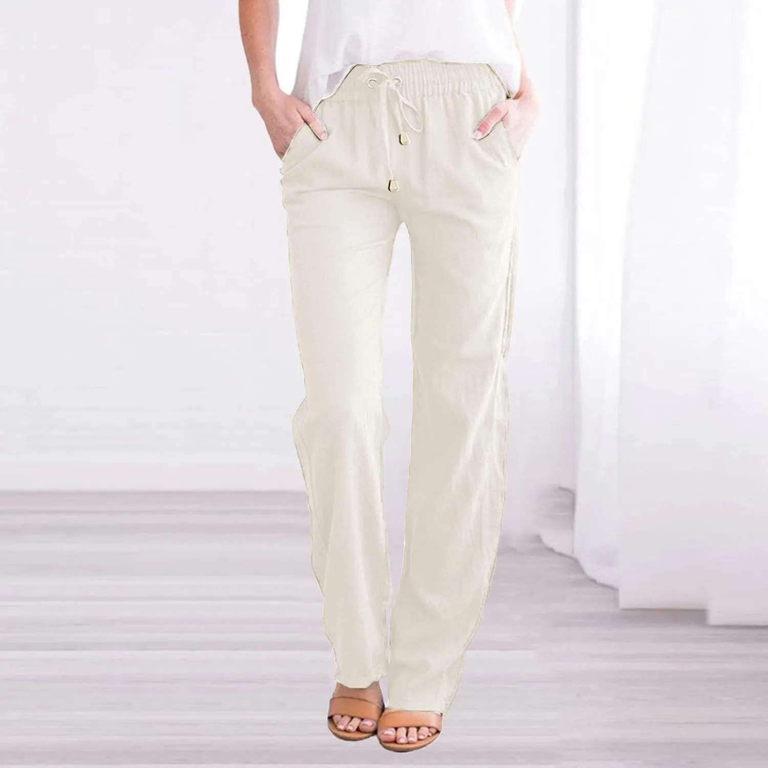 Linen Pants Women 2025 Summer Drawstring Trousers Pockets Casual Loose Wide Leg Lounge Pant for Beach Travel Vacation