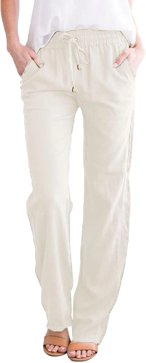 Linen Pants Women 2025 Summer Drawstring Trousers Pockets Casual Loose Wide Leg Lounge Pant for Beach Travel Vacation