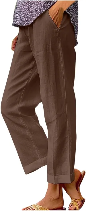 Linen Pants Women 2025 Summer Elastic High Waist Straight Leg Lounge Pant Casual Beach Comfy Soft Trouser Resort Wear