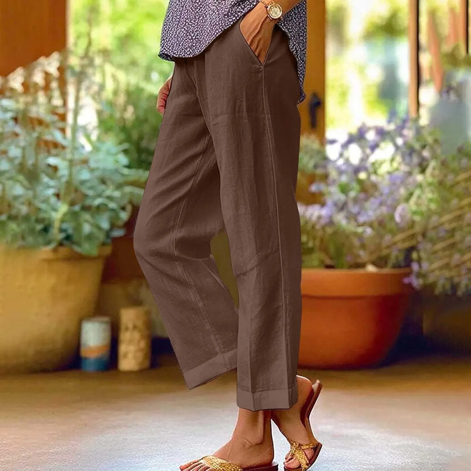 Linen Pants Women 2025 Summer Elastic High Waist Straight Leg Lounge Pant Casual Beach Comfy Soft Trouser Resort Wear