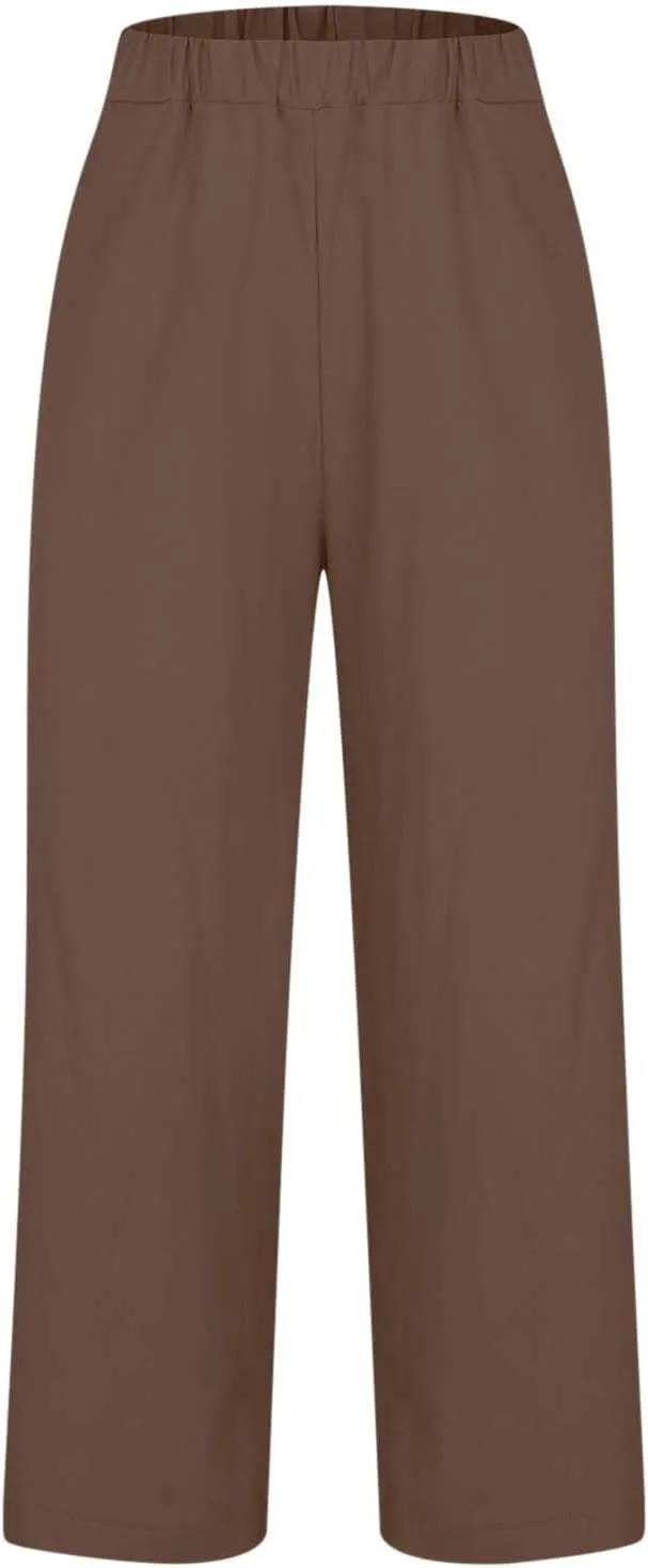Linen Pants Women 2025 Summer Elastic High Waist Straight Leg Lounge Pant Casual Beach Comfy Soft Trouser Resort Wear