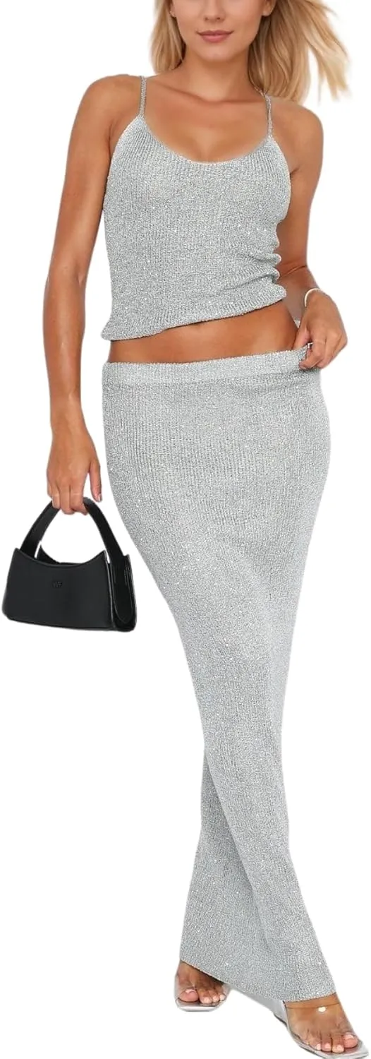 LOFAAC Women Sexy 2 Piece Outfits Y2K Sequin Glitter Knit Scoop Neck Crop Camisole Sparkly Long Maxi Shinning Skirt Set