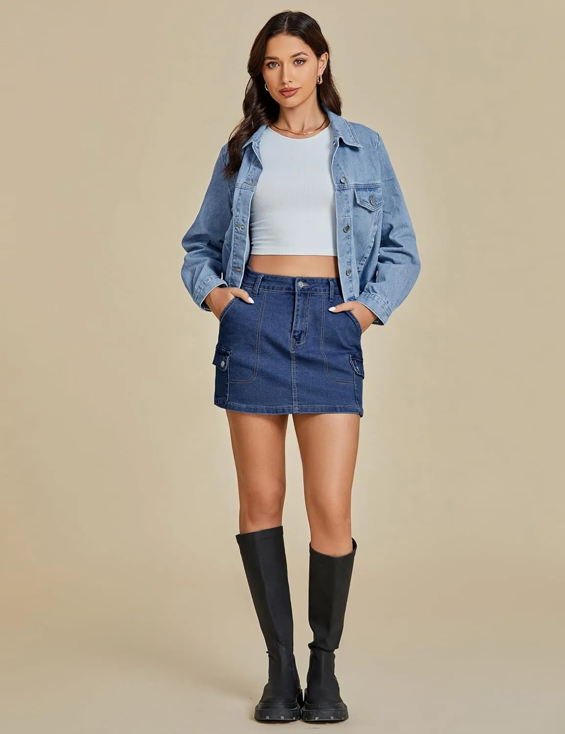 luvamia Jean Skirts for Women Denim Trendy High Waisted Mini Cargo Pockets Stretchy Short Skirt Country Concert Outfits