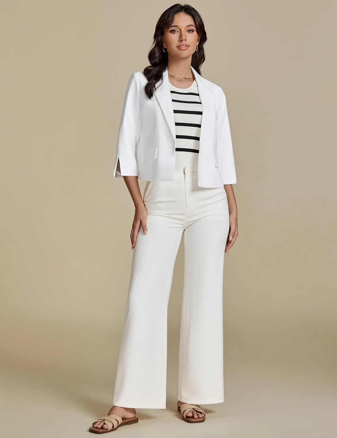 luvamia Linen Blazers for Women Business Casual Cropped 3/4 Sleeve Lightweight Lined Work Office Suit Blazer Jackets