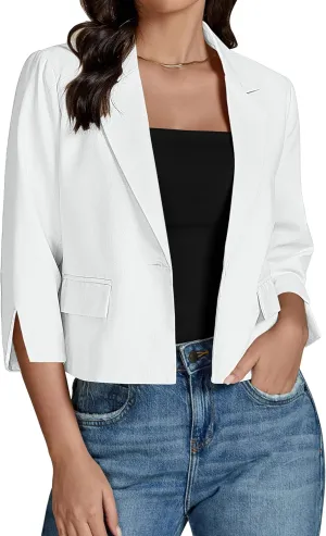 luvamia Linen Blazers for Women Business Casual Cropped 3/4 Sleeve Lightweight Lined Work Office Suit Blazer Jackets