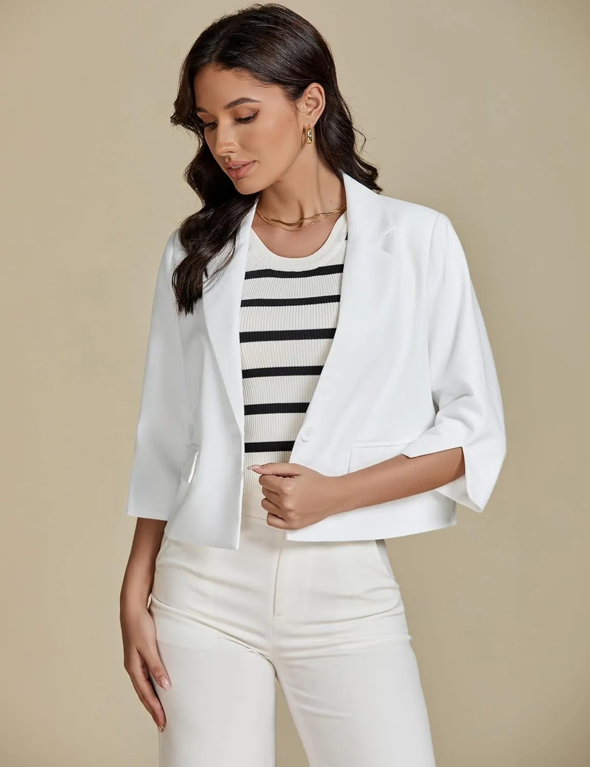 luvamia Linen Blazers for Women Business Casual Cropped 3/4 Sleeve Lightweight Lined Work Office Suit Blazer Jackets