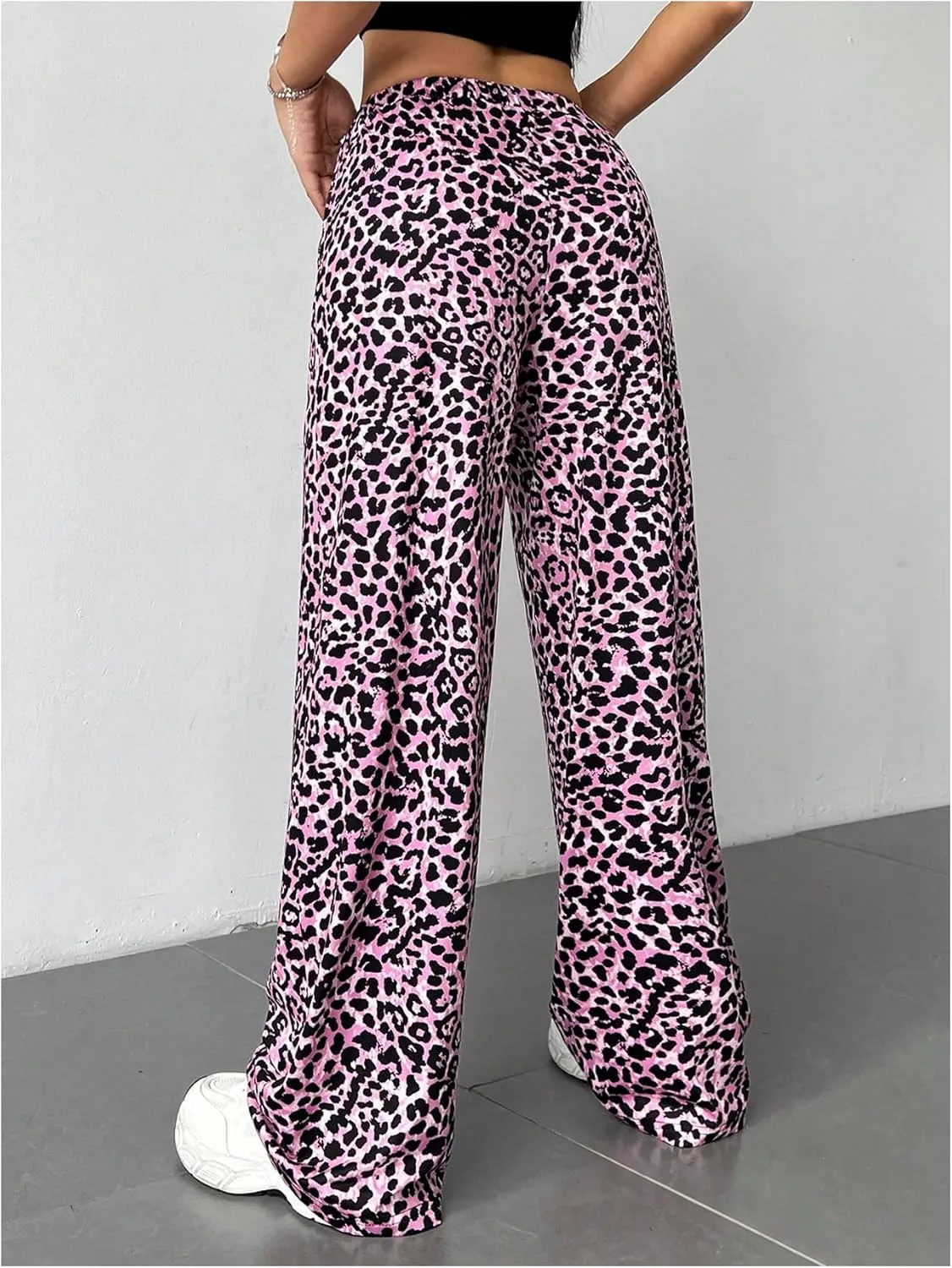 MakeMeChic Women's Leopard Print Pants Elastic Waist Wide Leg Straight Loose Long Trousers with Pocket
