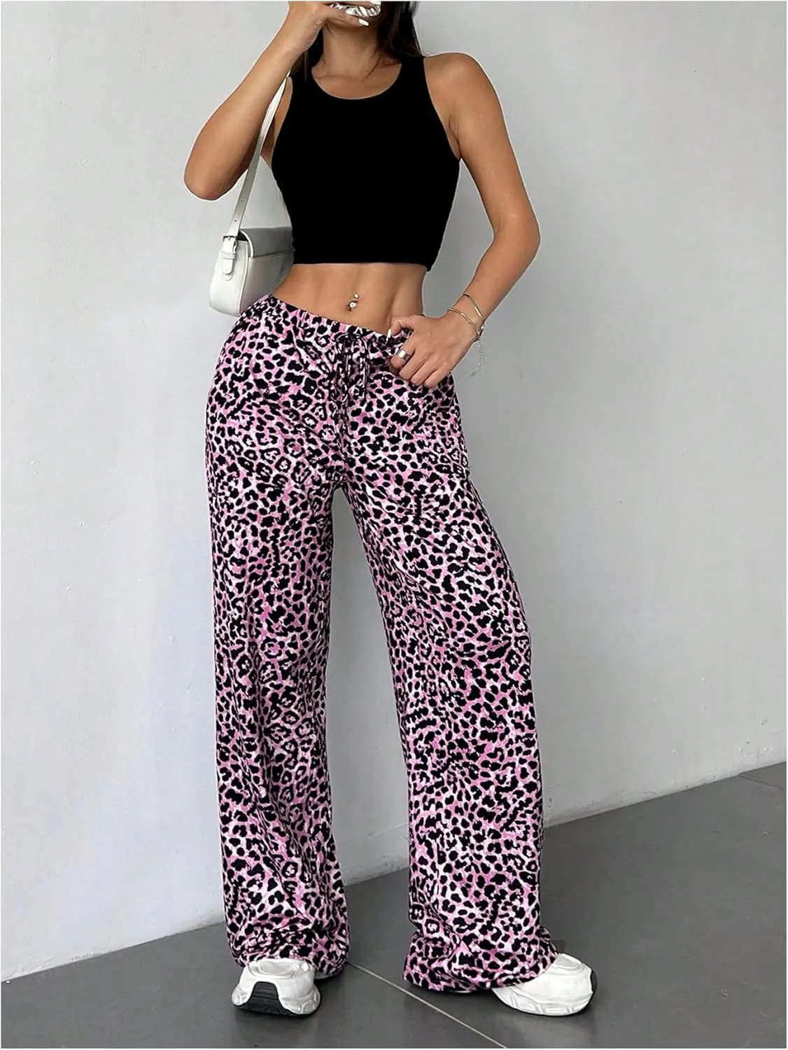 MakeMeChic Women's Leopard Print Pants Elastic Waist Wide Leg Straight Loose Long Trousers with Pocket