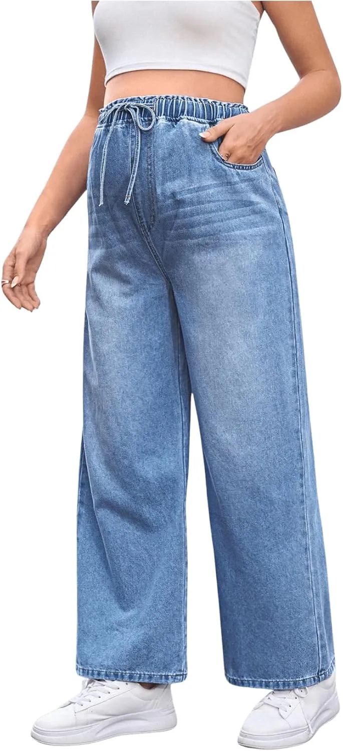 MakeMeChic Women's Maternity Denim Pants Elastic Waist Drawstring Wide Leg Baggy Pregnancy Jeans with Pockets
