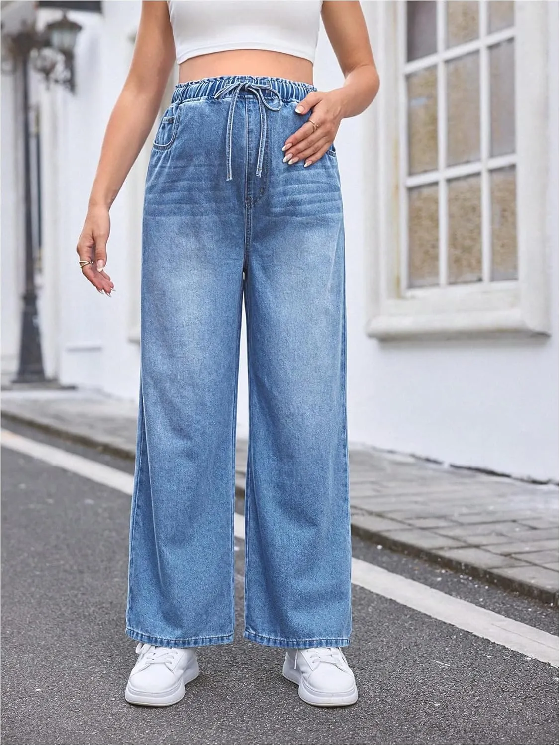MakeMeChic Women's Maternity Denim Pants Elastic Waist Drawstring Wide Leg Baggy Pregnancy Jeans with Pockets