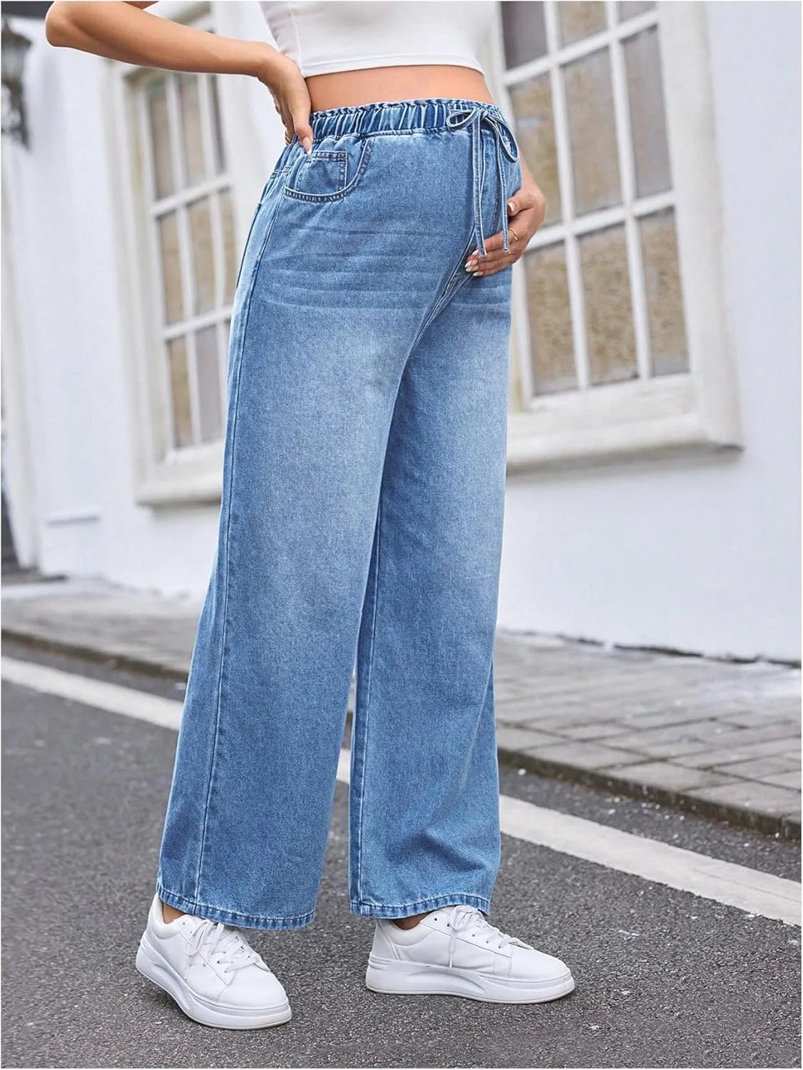 MakeMeChic Women's Maternity Denim Pants Elastic Waist Drawstring Wide Leg Baggy Pregnancy Jeans with Pockets