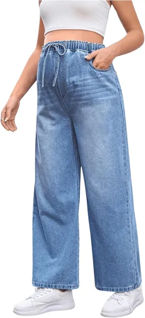 MakeMeChic Women's Maternity Denim Pants Elastic Waist Drawstring Wide Leg Baggy Pregnancy Jeans with Pockets