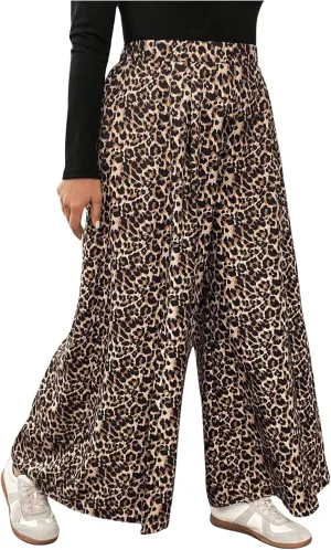 MakeMeChic Women's Plus Size Leopard Print Pants Split Thigh Wide Leg Y2K High Waist Trousers