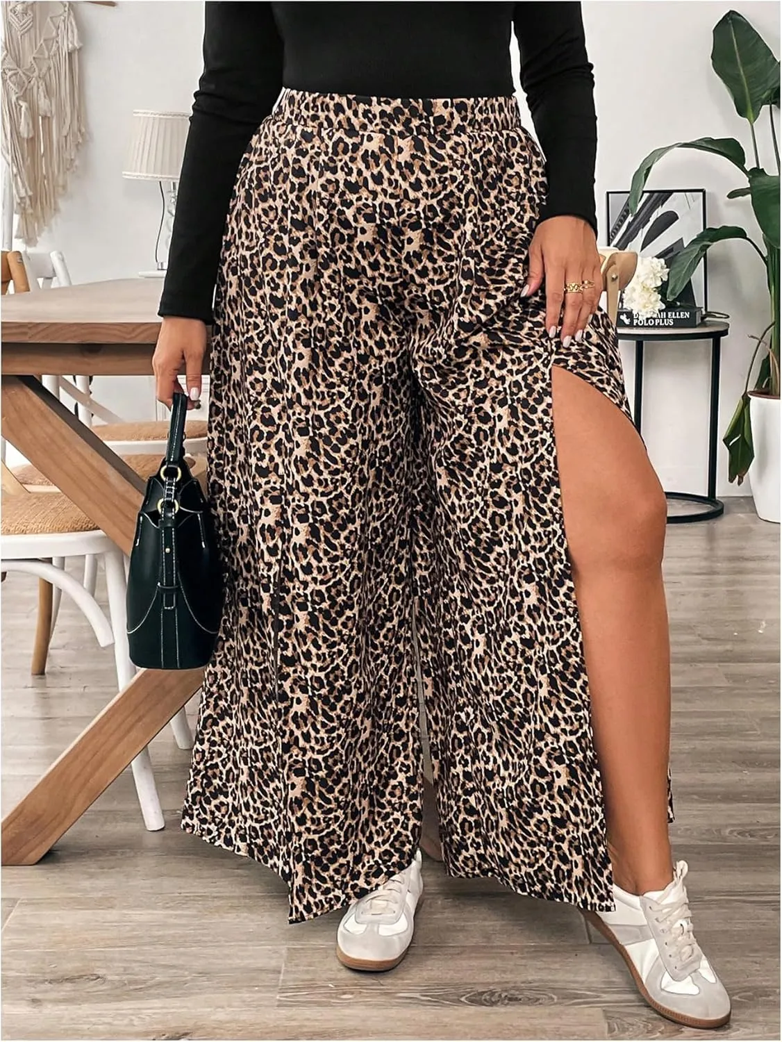 MakeMeChic Women's Plus Size Leopard Print Pants Split Thigh Wide Leg Y2K High Waist Trousers