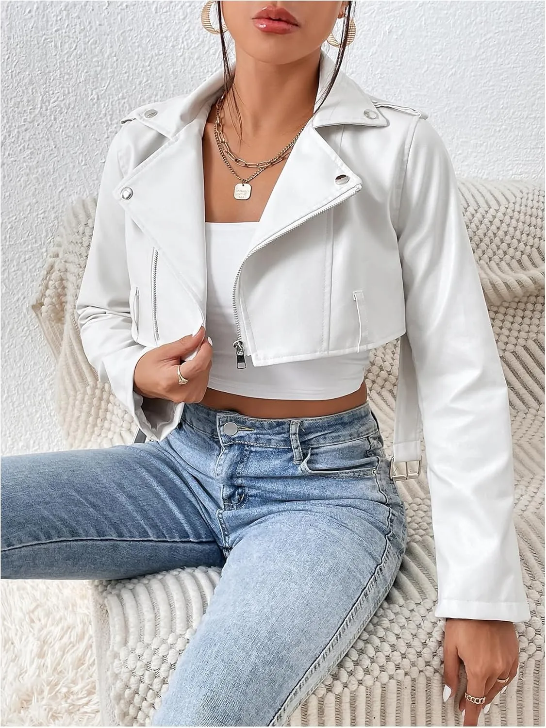MakeMeChic Women's PU Leather Crop Moto Jacket Zip Up Long Sleeve Collar Neck Belted Coats