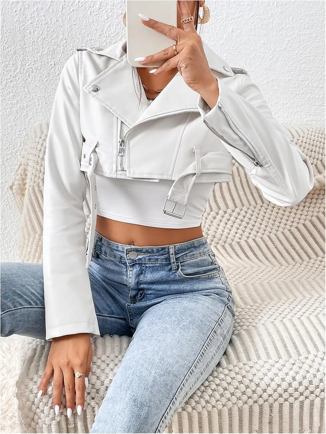 MakeMeChic Women's PU Leather Crop Moto Jacket Zip Up Long Sleeve Collar Neck Belted Coats