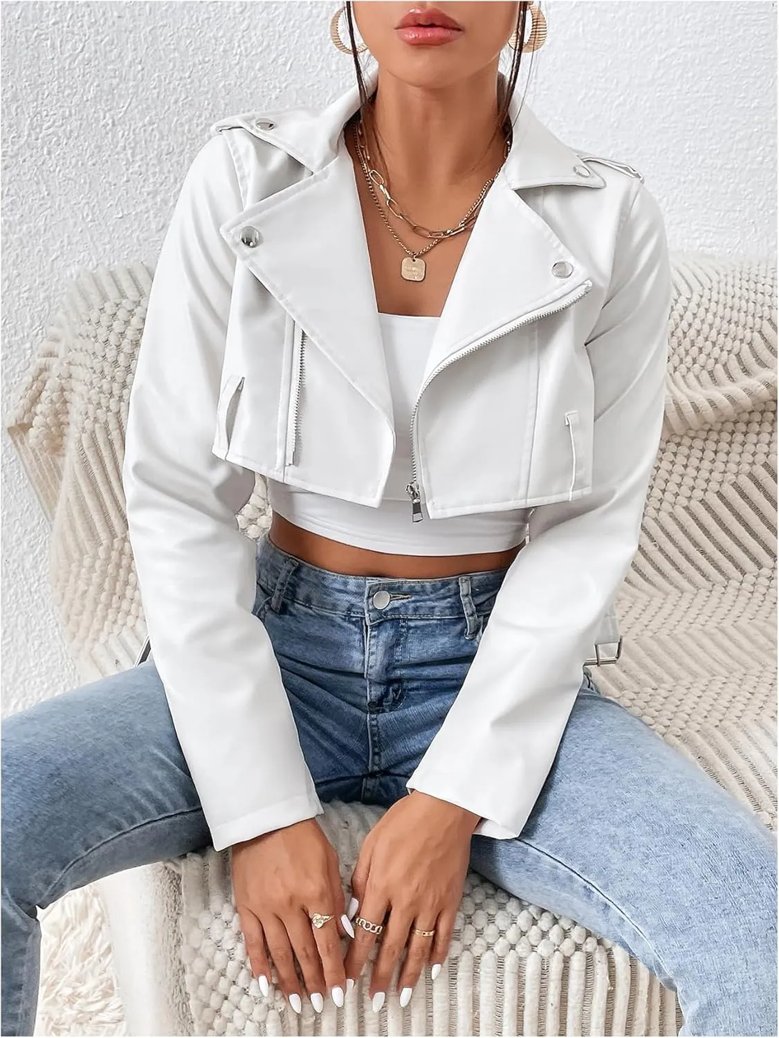 MakeMeChic Women's PU Leather Crop Moto Jacket Zip Up Long Sleeve Collar Neck Belted Coats