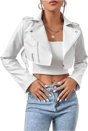 MakeMeChic Women's PU Leather Crop Moto Jacket Zip Up Long Sleeve Collar Neck Belted Coats