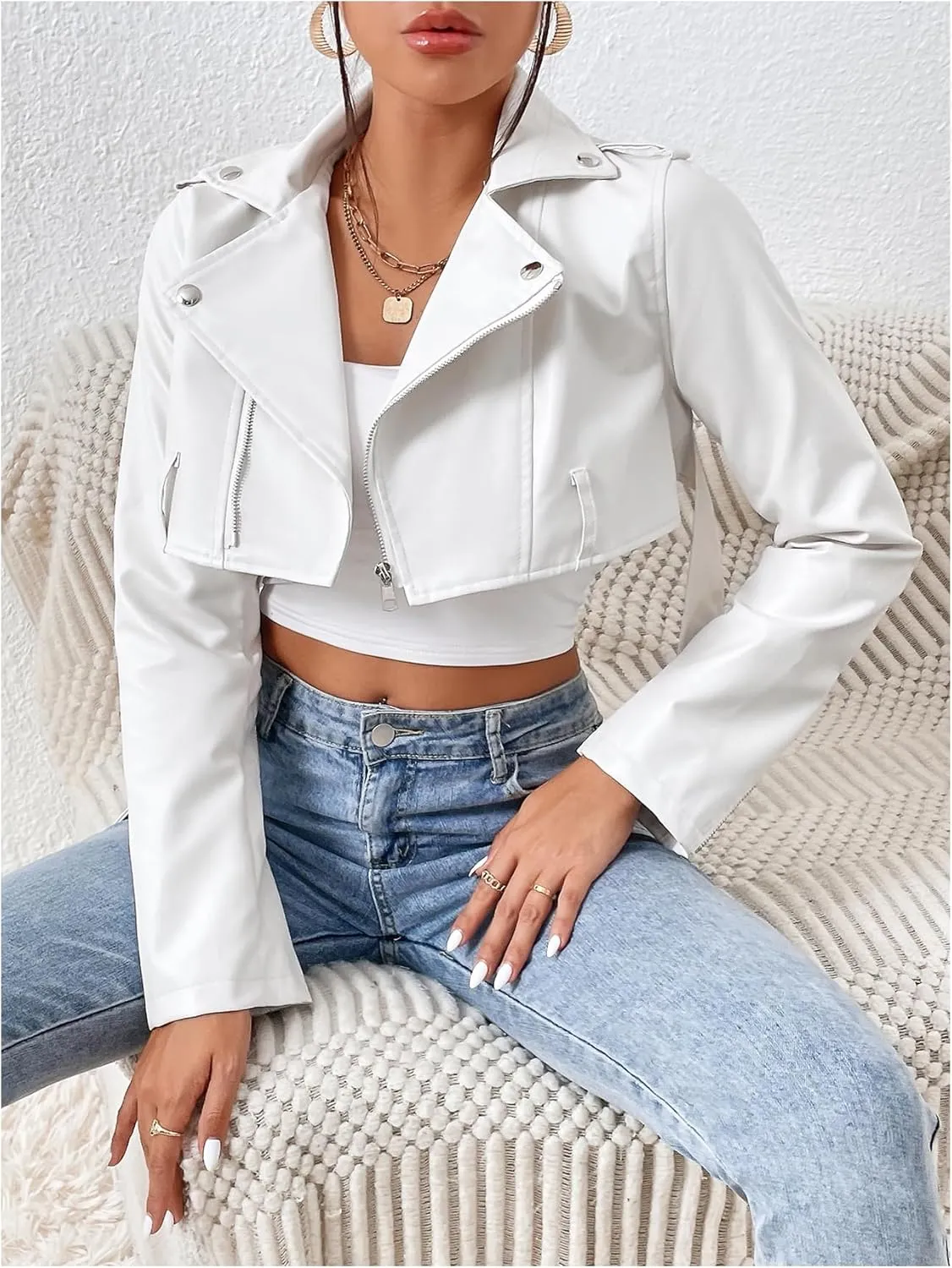 MakeMeChic Women's PU Leather Crop Moto Jacket Zip Up Long Sleeve Collar Neck Belted Coats