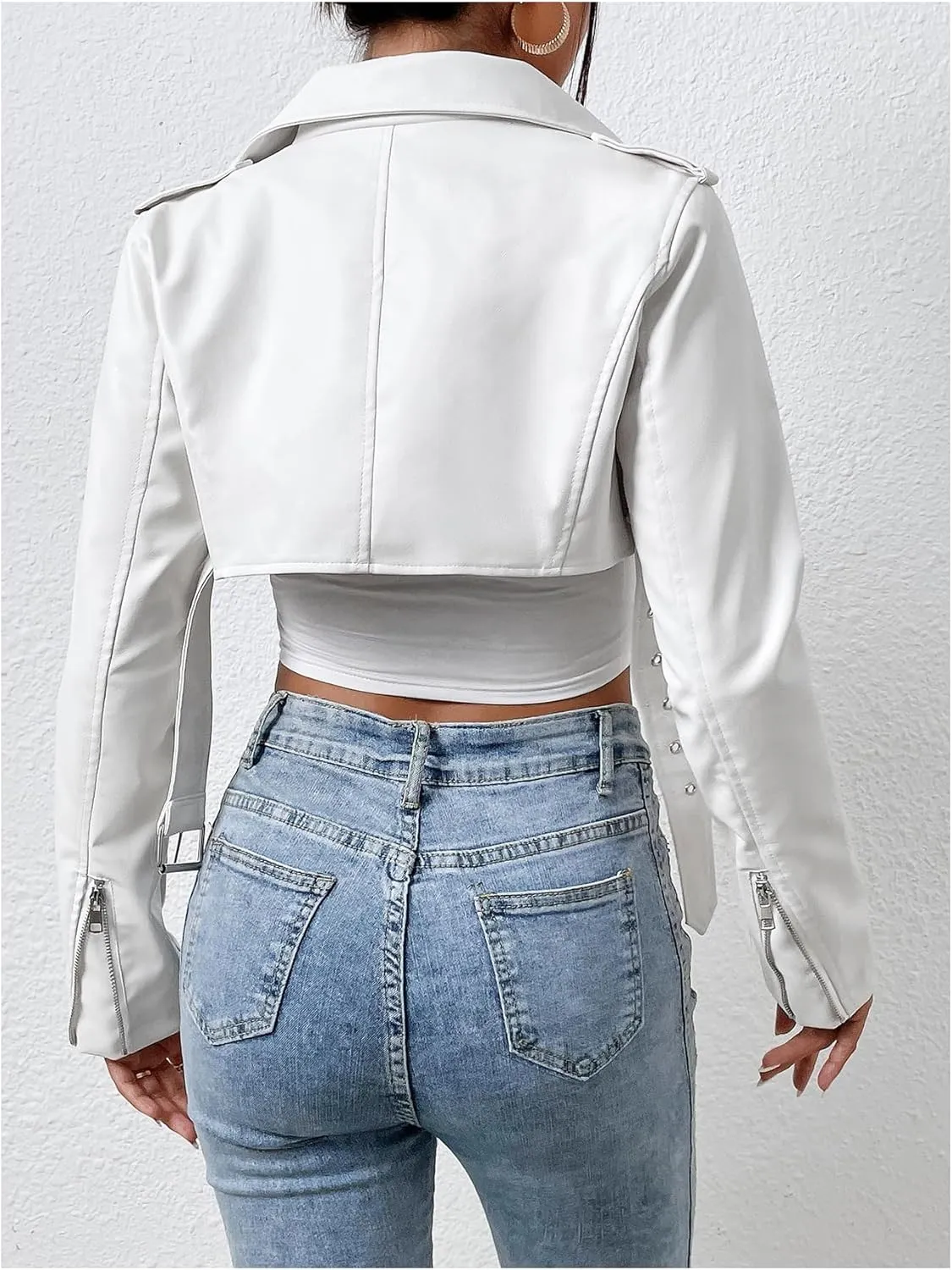 MakeMeChic Women's PU Leather Crop Moto Jacket Zip Up Long Sleeve Collar Neck Belted Coats