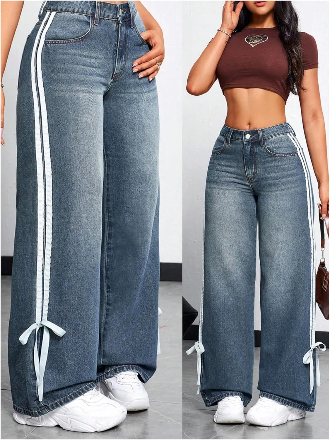 MakeMeChic Women's Straight Wide Leg Denim Pants Striped Bow Rise Jeans with Pocket Y2K Streetwear