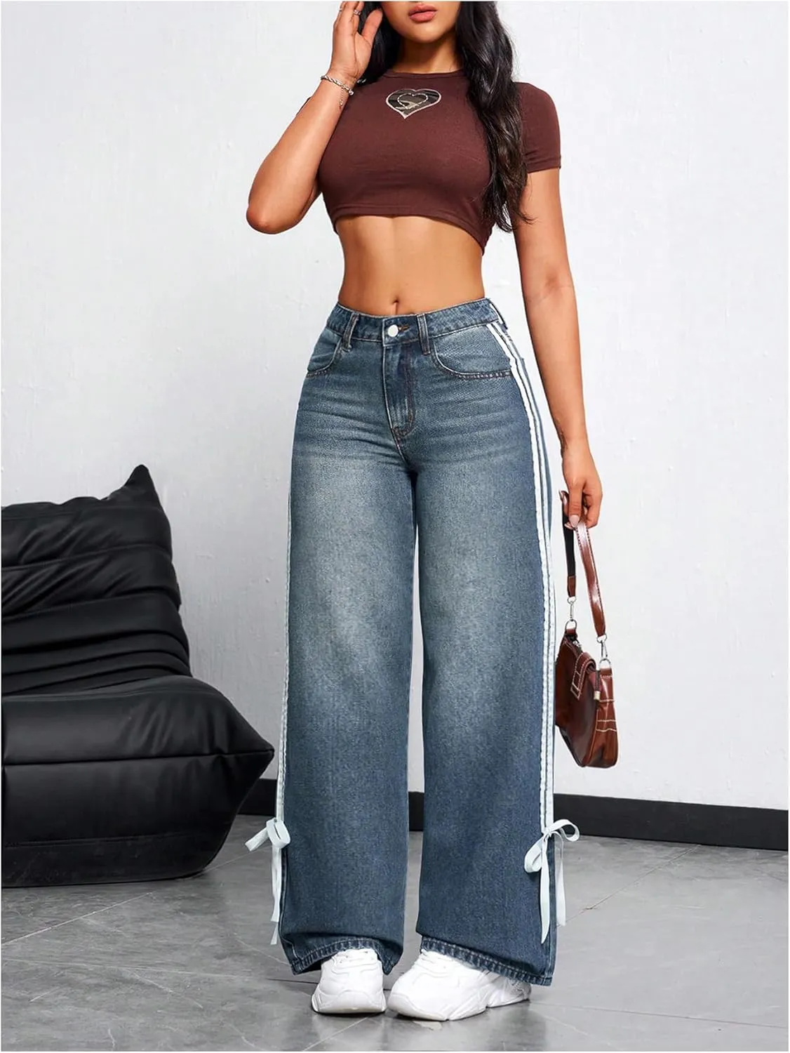 MakeMeChic Women's Straight Wide Leg Denim Pants Striped Bow Rise Jeans with Pocket Y2K Streetwear