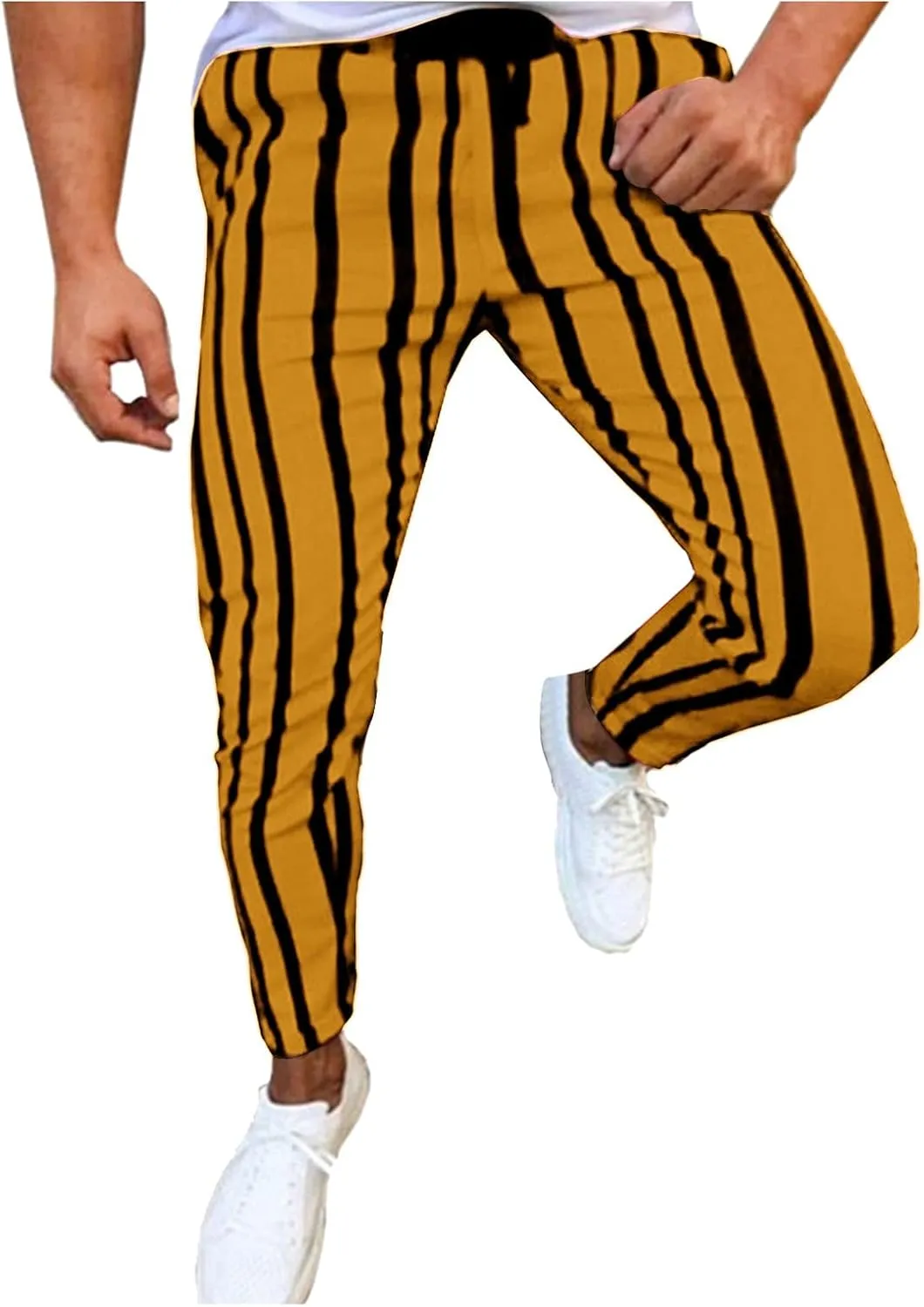 Maryia Men's Striped Skinny Pants Slim Fit Stretch Chino Fashion Jogger Drawstring Elastic Waist Business Style Trouser