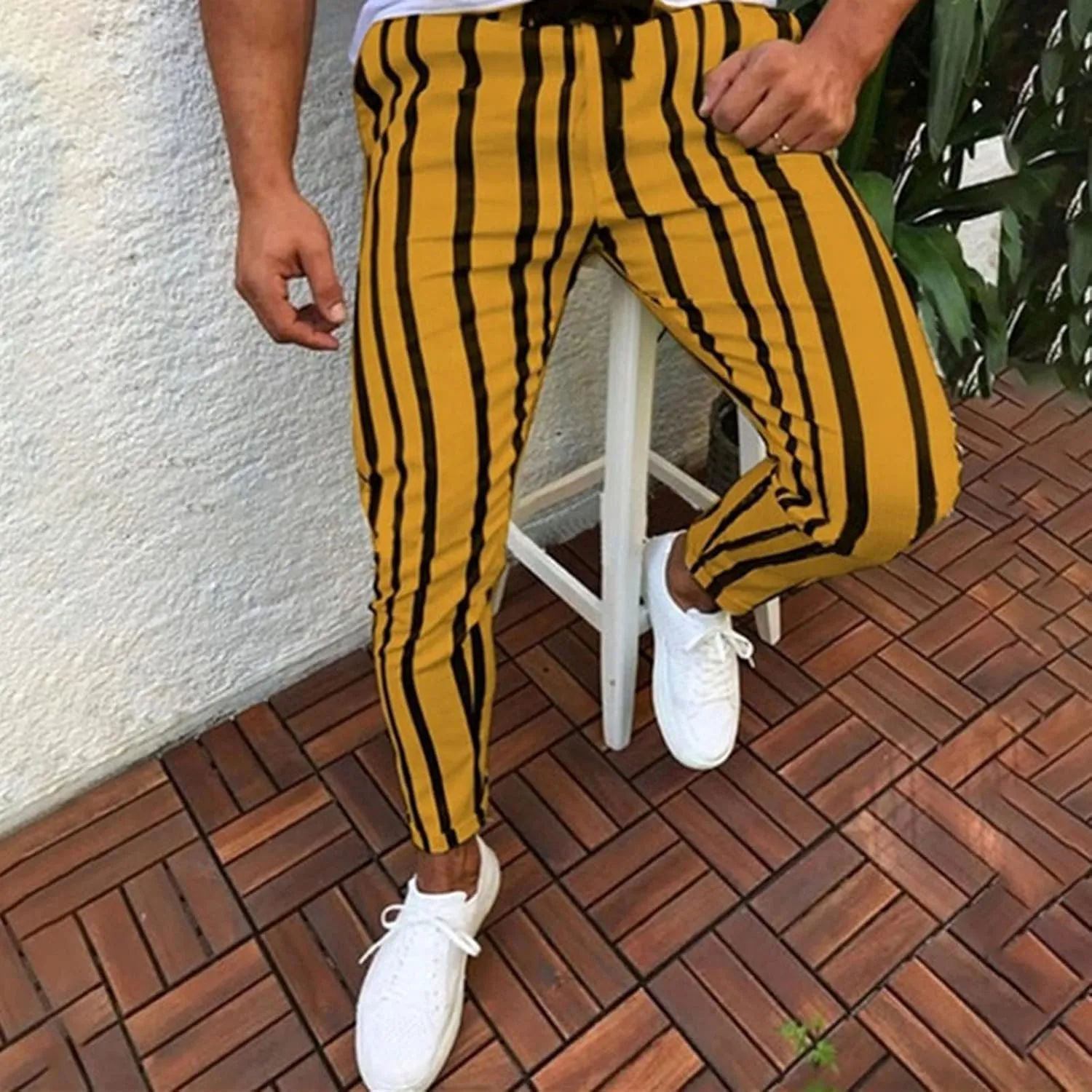 Maryia Men's Striped Skinny Pants Slim Fit Stretch Chino Fashion Jogger Drawstring Elastic Waist Business Style Trouser