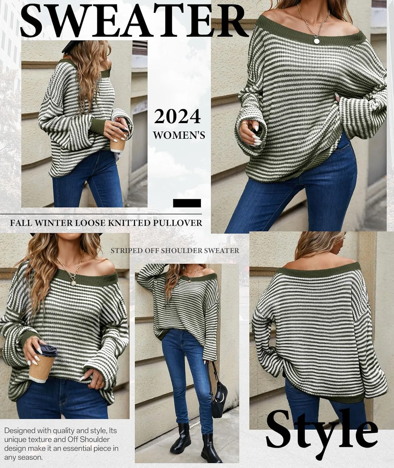 MARZXIN Women's 2025 Fall Long Sleeve Sweaters Casual Loose Striped Off Shoulder Casual Oversized Knitted Sweater Pullovers