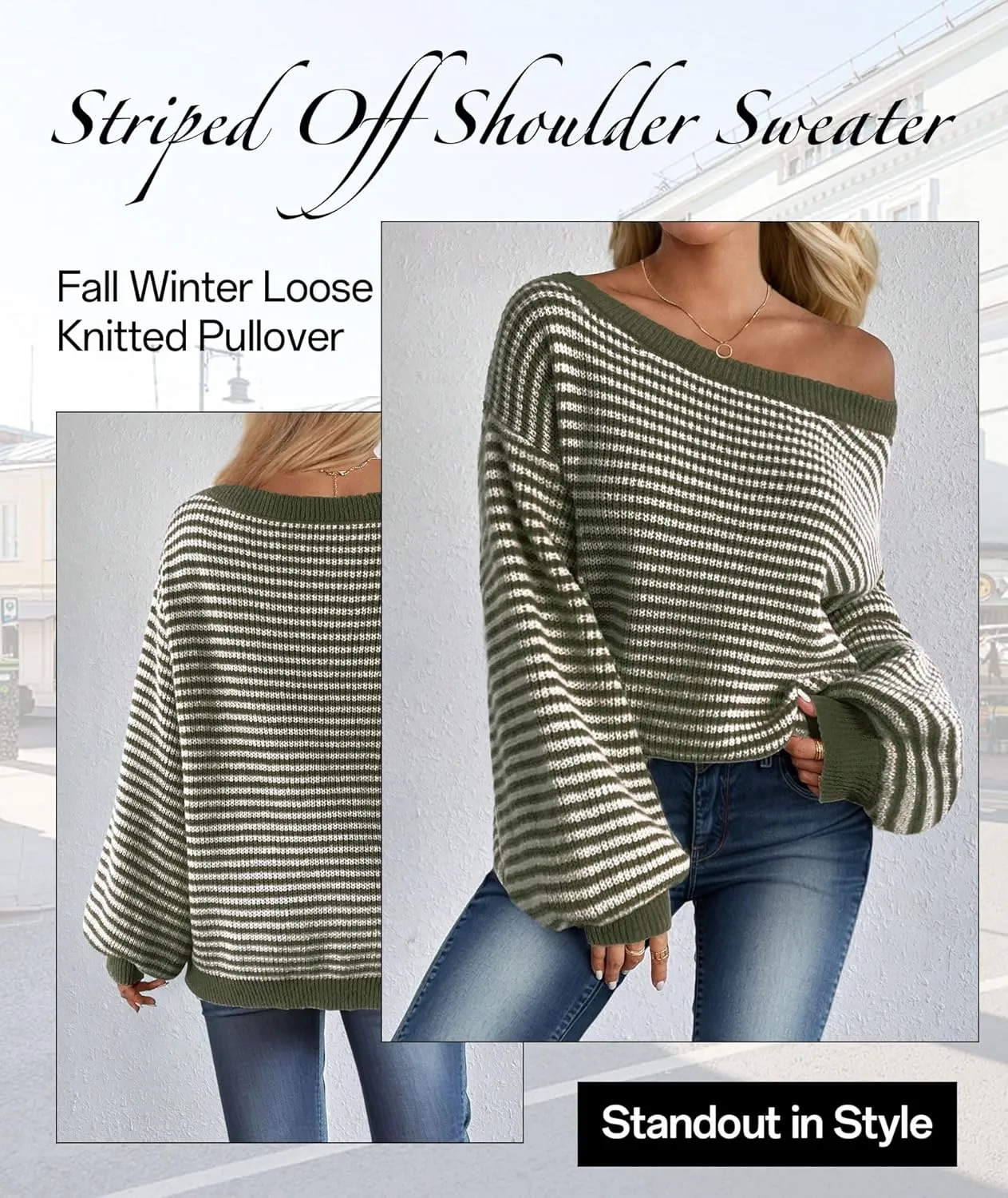 MARZXIN Women's 2025 Fall Long Sleeve Sweaters Casual Loose Striped Off Shoulder Casual Oversized Knitted Sweater Pullovers