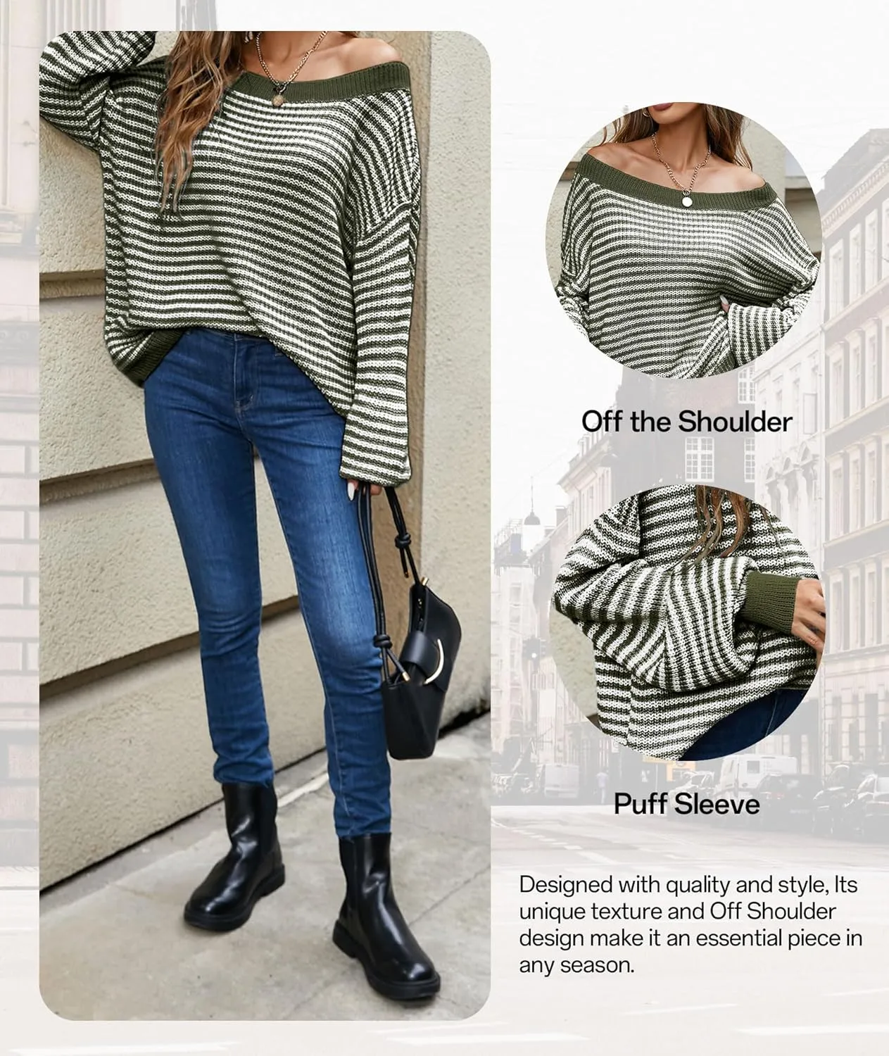 MARZXIN Women's 2025 Fall Long Sleeve Sweaters Casual Loose Striped Off Shoulder Casual Oversized Knitted Sweater Pullovers