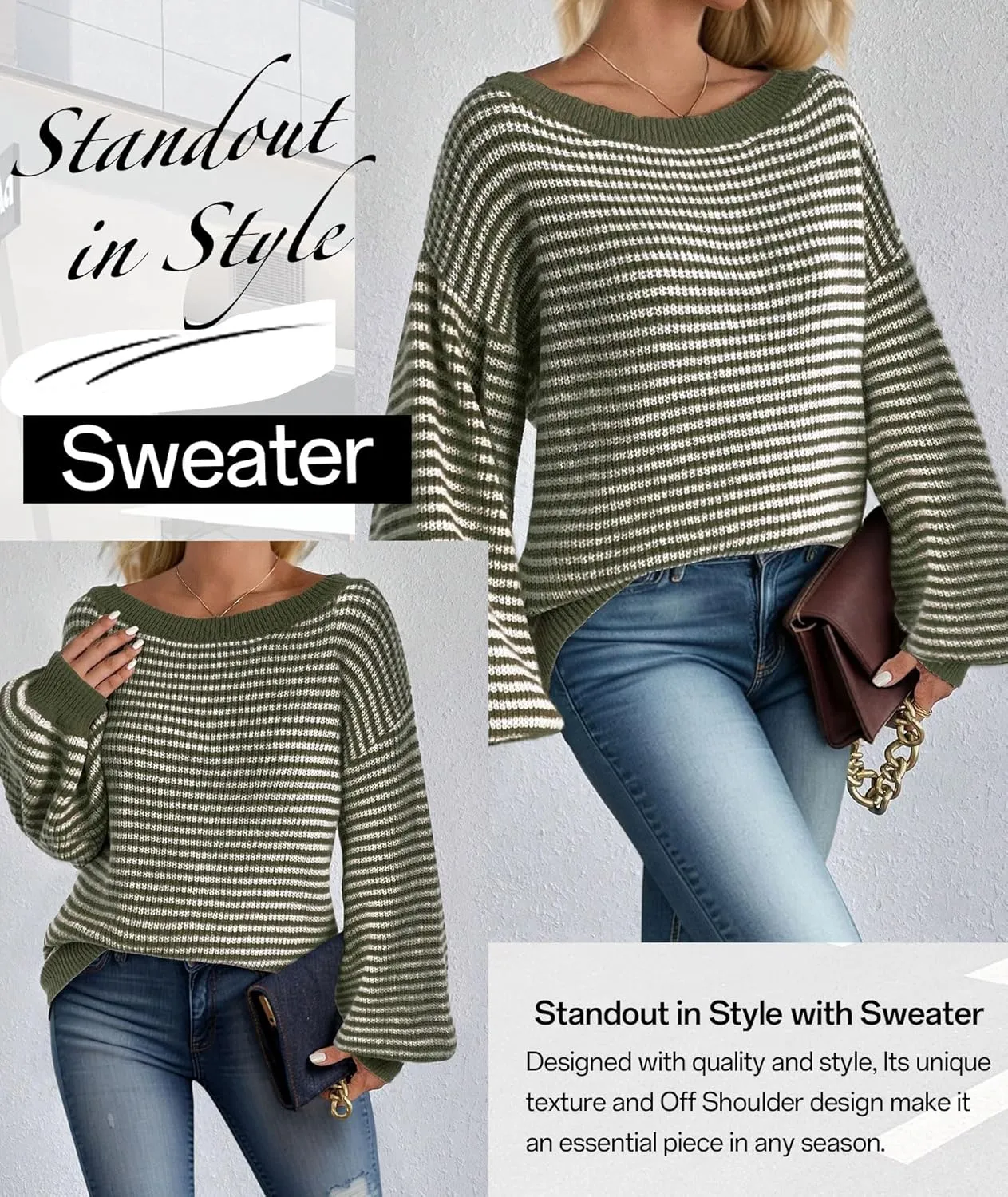 MARZXIN Women's 2025 Fall Long Sleeve Sweaters Casual Loose Striped Off Shoulder Casual Oversized Knitted Sweater Pullovers
