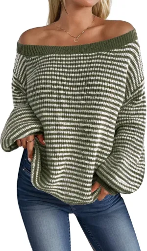 MARZXIN Women's 2025 Fall Long Sleeve Sweaters Casual Loose Striped Off Shoulder Casual Oversized Knitted Sweater Pullovers