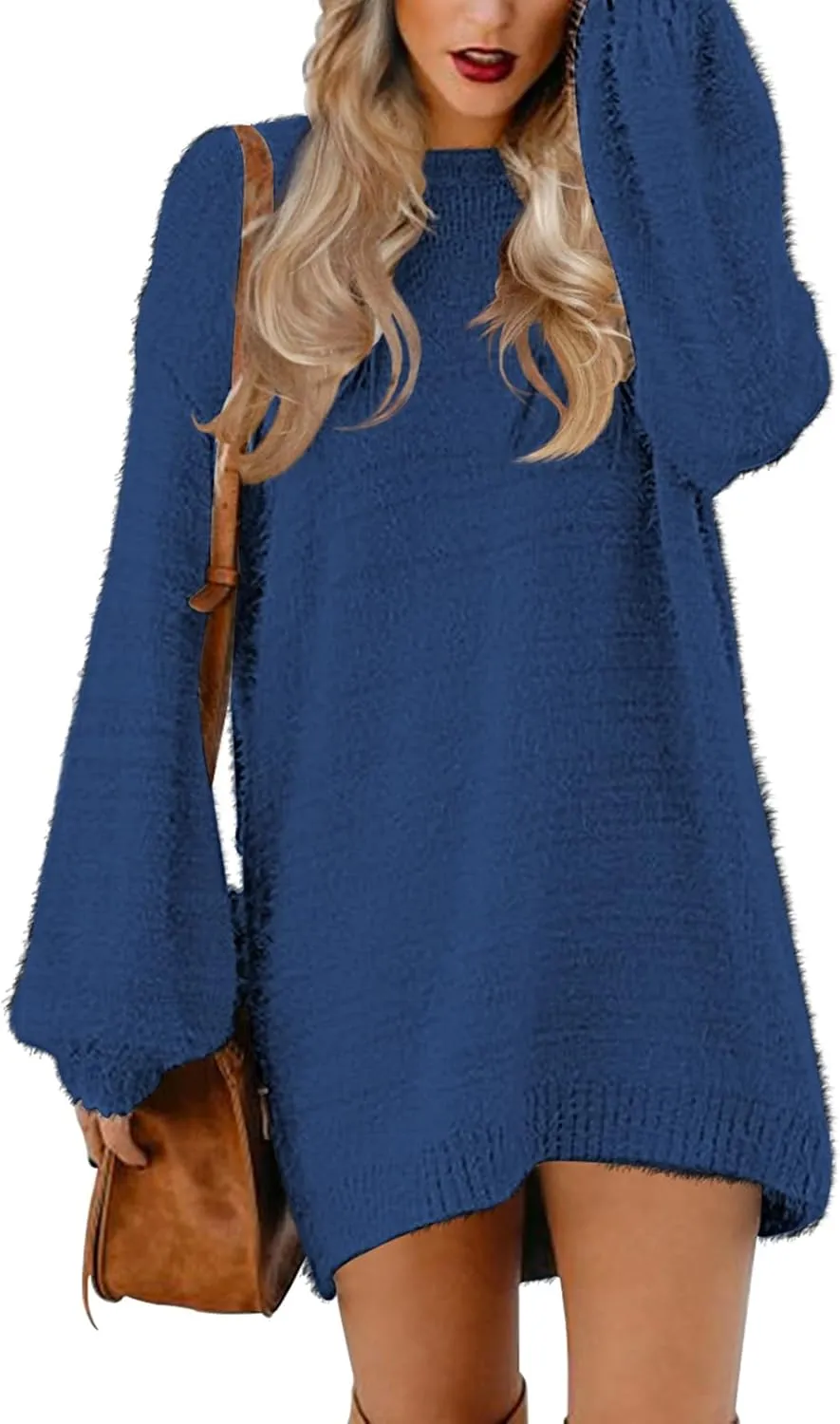 Meenew Women's Furry Pullover Sweater Dress Loose Oversized Long Knitted Tops