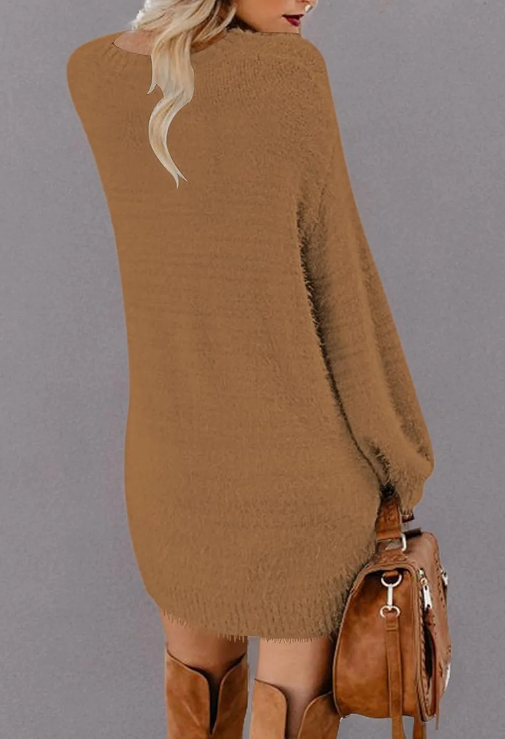 Meenew Women's Furry Pullover Sweater Dress Loose Oversized Long Knitted Tops