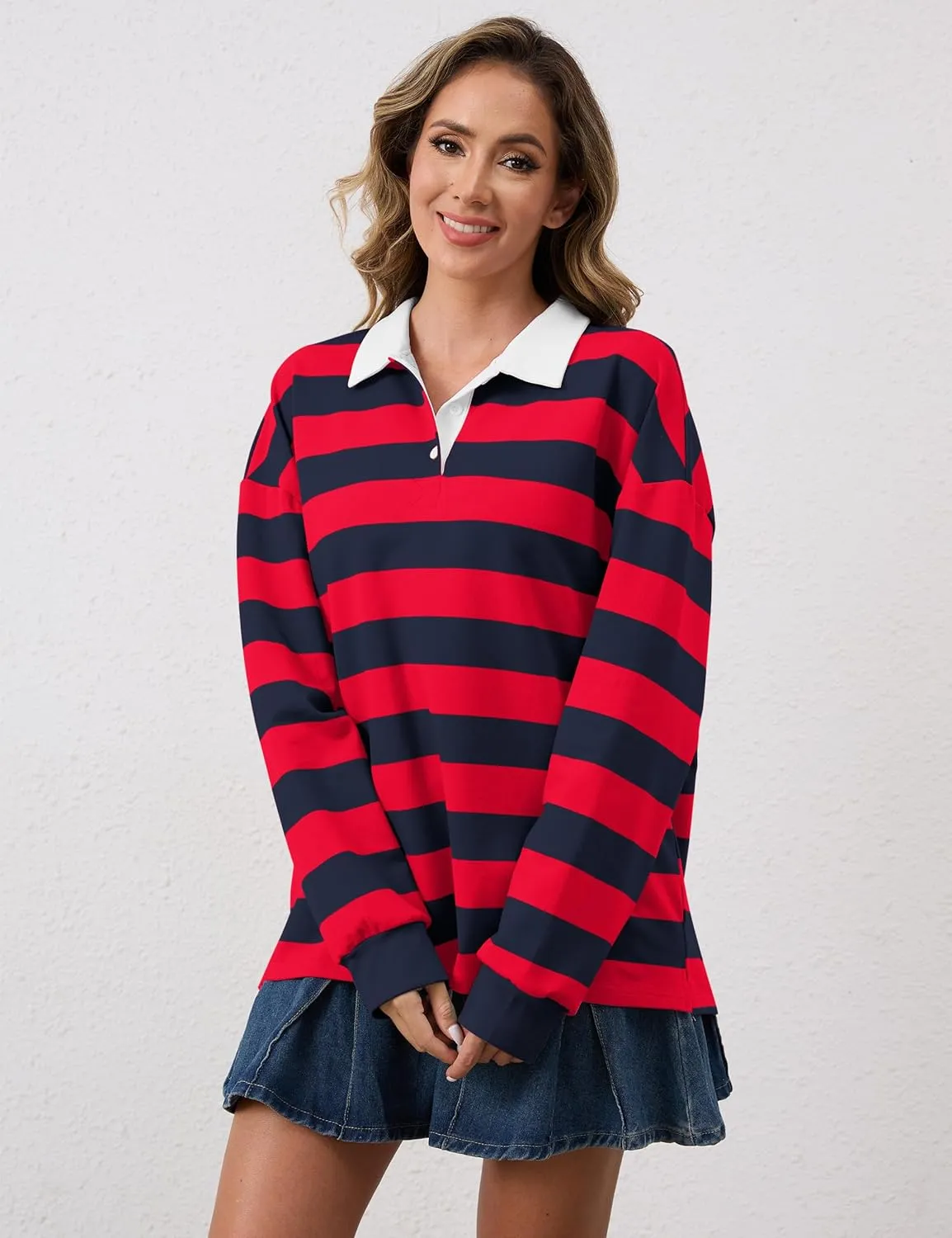 Meladyan Womens Oversized Striped Polo Sweatshirt Long Sleeve V Neck Lapel Collared Polo Shirts 2024 Fall Fashion Clothing