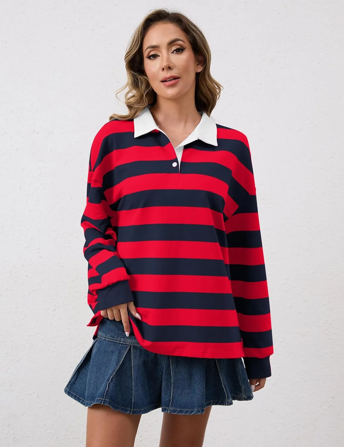 Meladyan Womens Oversized Striped Polo Sweatshirt Long Sleeve V Neck Lapel Collared Polo Shirts 2024 Fall Fashion Clothing