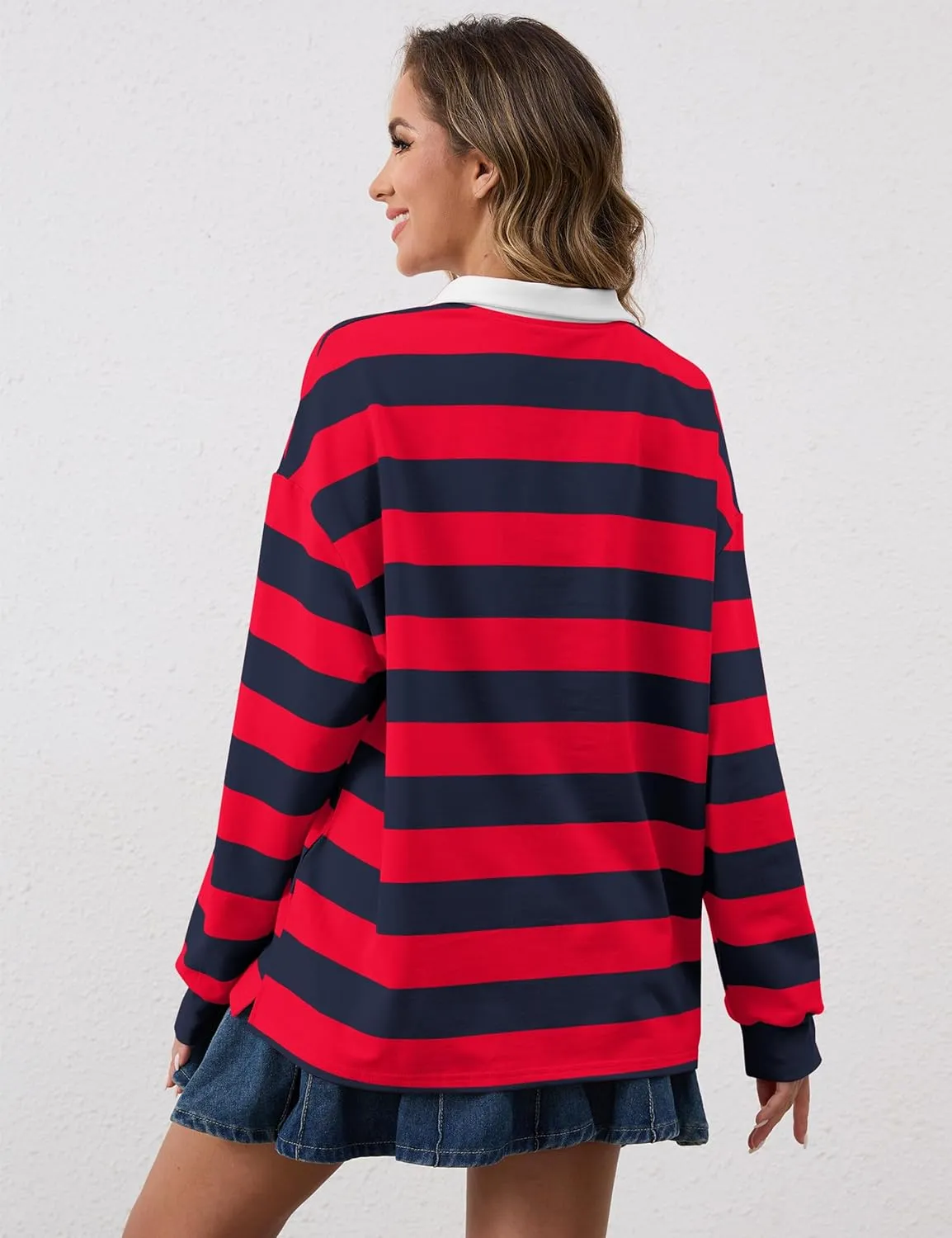 Meladyan Womens Oversized Striped Polo Sweatshirt Long Sleeve V Neck Lapel Collared Polo Shirts 2024 Fall Fashion Clothing