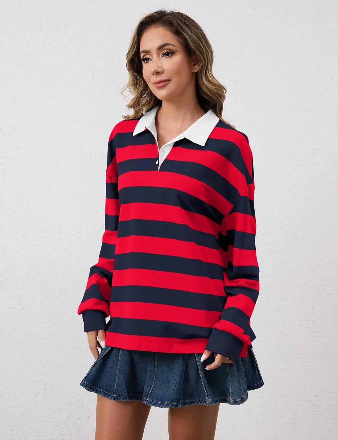Meladyan Womens Oversized Striped Polo Sweatshirt Long Sleeve V Neck Lapel Collared Polo Shirts 2024 Fall Fashion Clothing