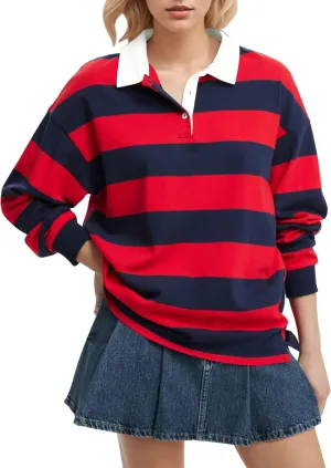 Meladyan Womens Oversized Striped Polo Sweatshirt Long Sleeve V Neck Lapel Collared Polo Shirts 2024 Fall Fashion Clothing