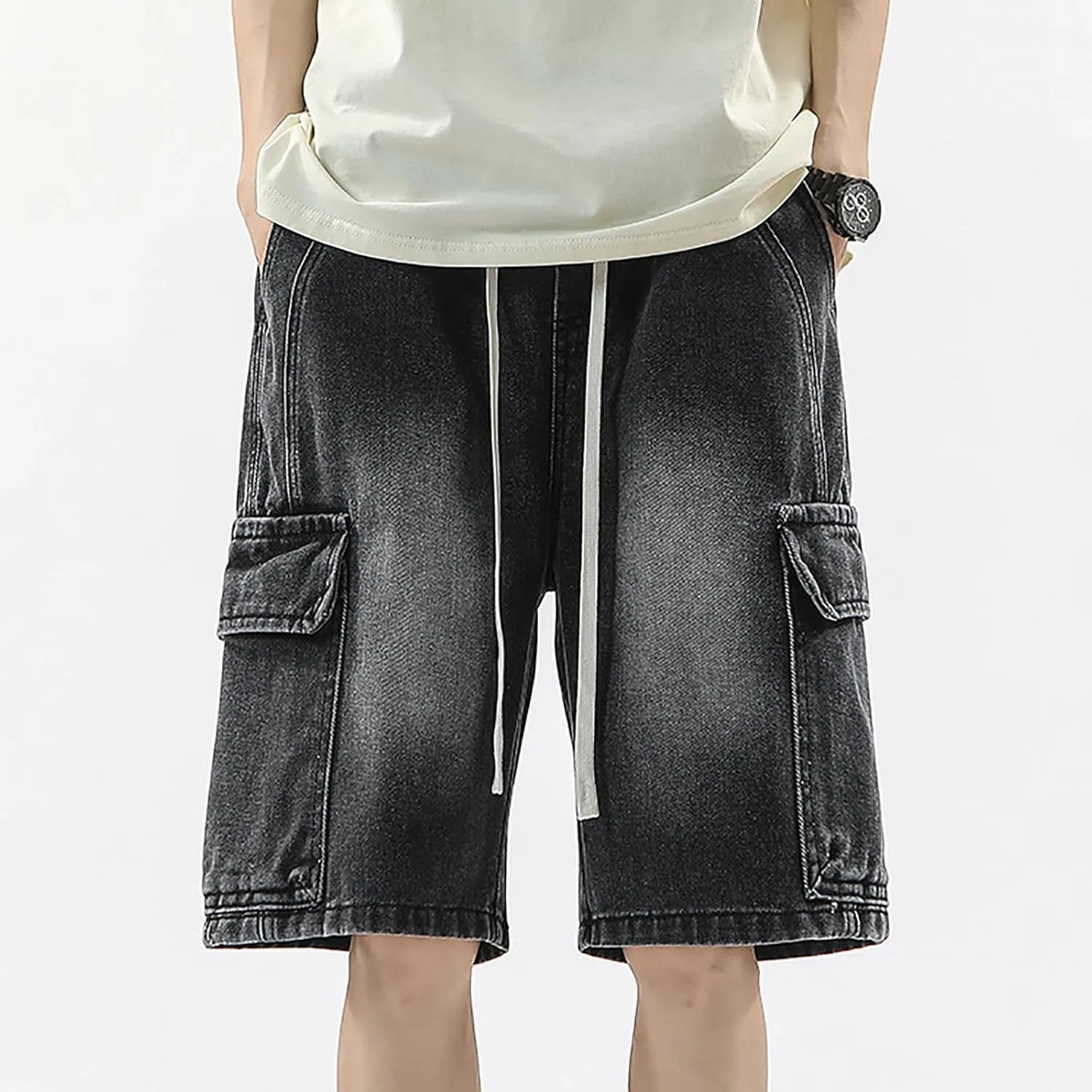 Men Baggy Jean Shorts Loose Fit Mid Denim Shorts Wide Leg Y2K Grunge Streetwear