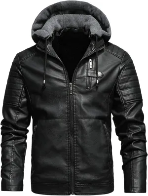 Men Faux Leather Jacket Motorcycle Jacket Casual Waterproof Windproof Pu Moto Coat Vintage Bomber Hoodie With Hood